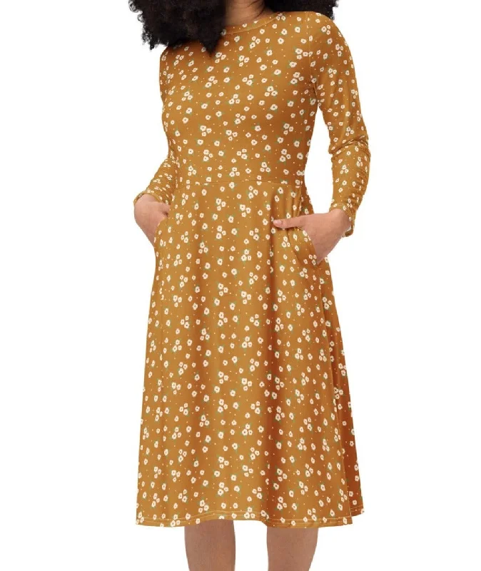 Field of Gold Floral Midi Dress (S-4XL) Comfortable Deep V Midi Dress