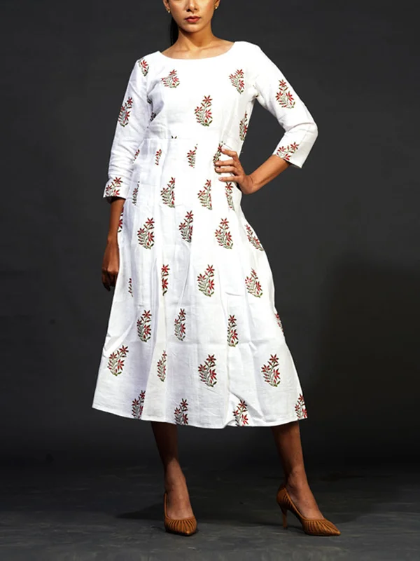 Floral Block Print Midi Dress White Stylish Long Sleeve Floral Midi Dress