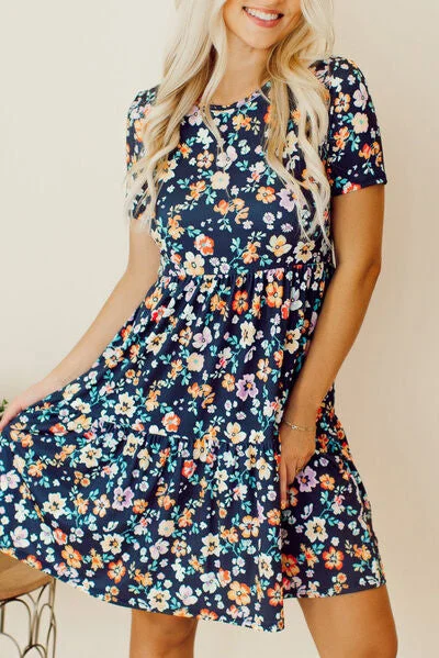 Floral Round Neck Short Sleeve Mini Dress Casual High-Waist Mini Dress