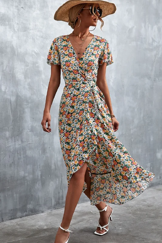 Floral Surplice Neck Tied Midi Dress Fashionable Polka Dot Midi Dress