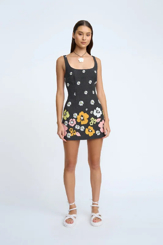 Golden Floral Linen Mini Dress| Final Sale - Black Multi Floral Fashionable A-Line Mini Dress