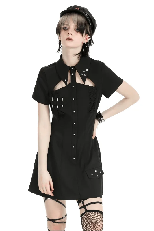 Gothic Black Mini Dress with Metal Studded Details Classic Casual Mini Dress