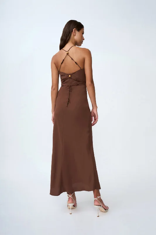 Hana Bias Bead Midi Dress | Final Sale - Chocolate Stylish Silk Midi Dress