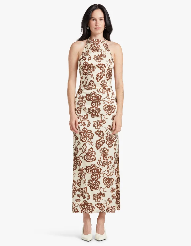 Robbie Midi Dress - Cream Chocolate Floral Fashionable One-Shoulder Midi Dress