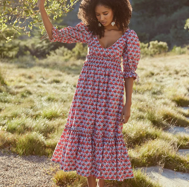 Hayley Puff Sleeve Midi Dress - Carmine/Crimson Floral Elegant Floral Appliqué Midi Dress