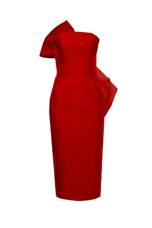 KIRA RED MIDI DRESS WITH SIDE BOW Elegant Satin Slip Midi Dress