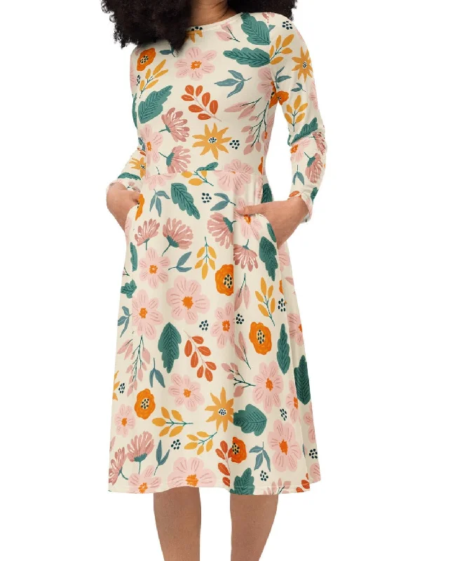 Kiss of Autumn Floral Midi Dress (S-4XL) Elegant Lace Trim Midi Dress