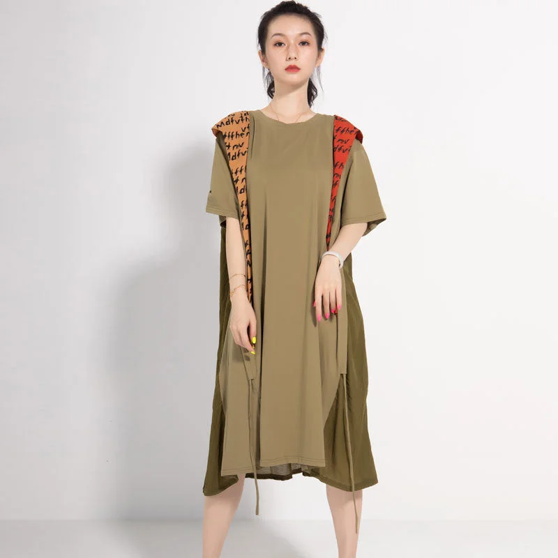 Leisure Linen Summer Women Plus Sizes Midi Dresses Trendy Mock Neck Midi Dress