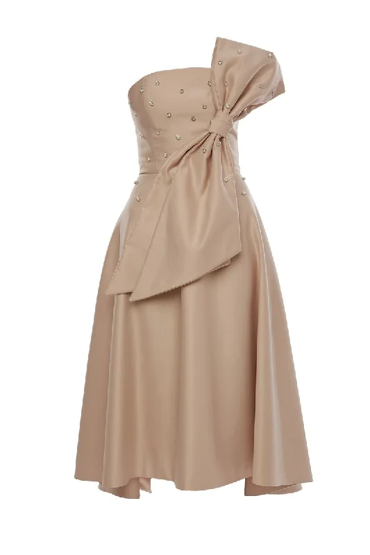 MIA DIAMOND APRICOT MIDI DRESS WITH SIDE BOW Trendy Smocked Waist Midi Dress