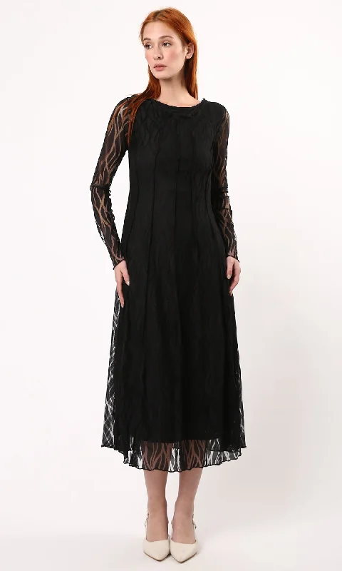 O178290 Sheer Sleeves Patterned Black Midi Dress Trendy Off-Shoulder Button Midi Dress