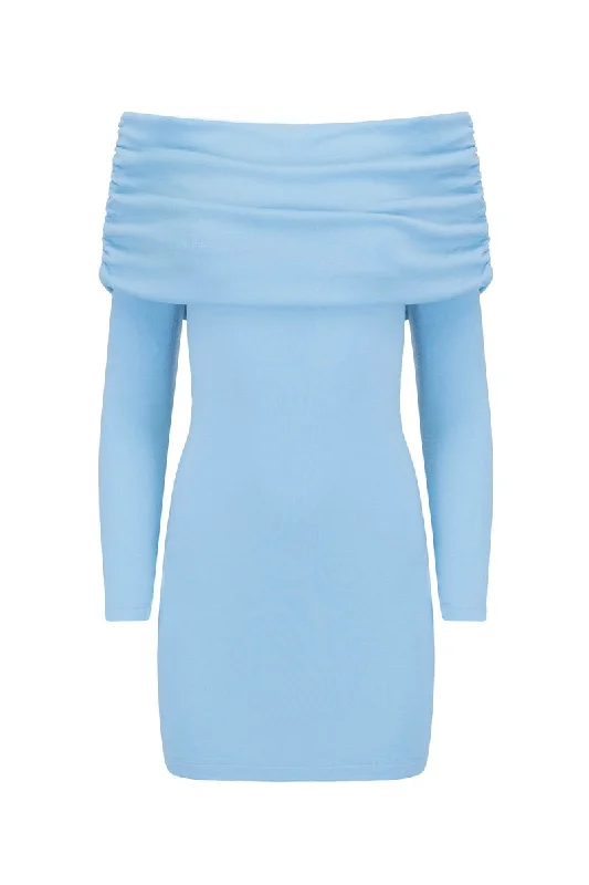 OFF SHOULDER MINI DRESS IN ARCTIC BLUE Fashionable Off-Shoulder Mini Dress