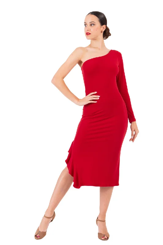 One-Sleeved Midi Dress With Side Ruffles Fashionable Sheer Sleeve Midi Dress