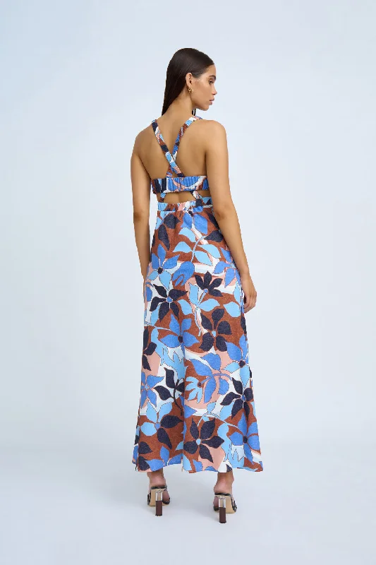 Ophelia Floral Bias Midi Dress | Final Sale - Navy Tan Brown Ivory Elegant Floral Appliqué Midi Dress