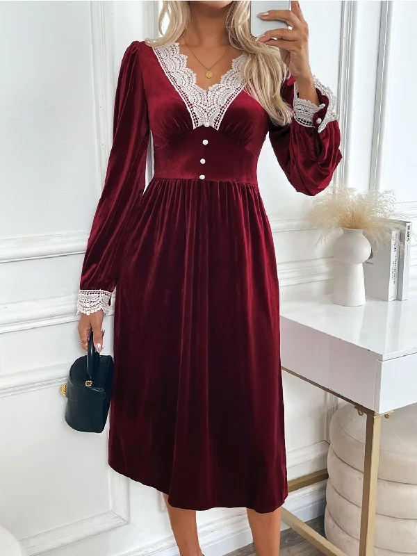 Perfee Lace Detail V-Neck Long Sleeve Midi Dress Trendy Fit-and-Flare Midi Dress