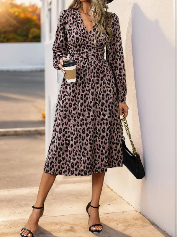 Perfee Leopard Surplice Long Sleeve Midi Dress Elegant V-Neck Midi Dress