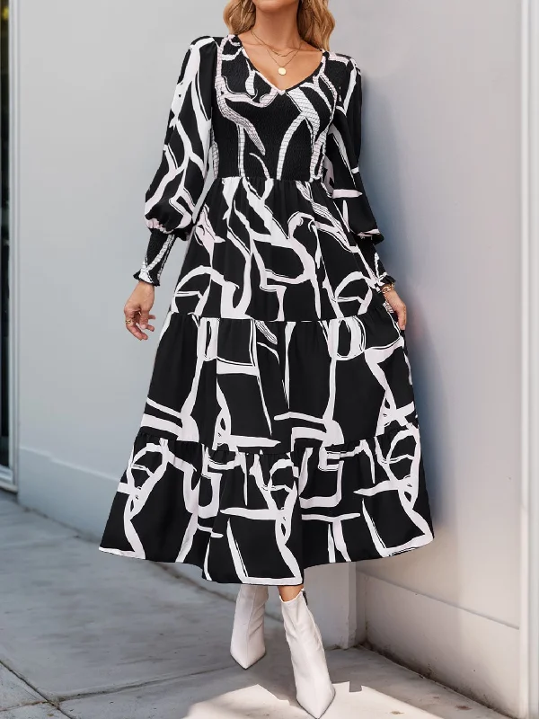 Perfee Smocked Printed Long Sleeve Midi Dress Comfortable Sleeveless Midi Dress