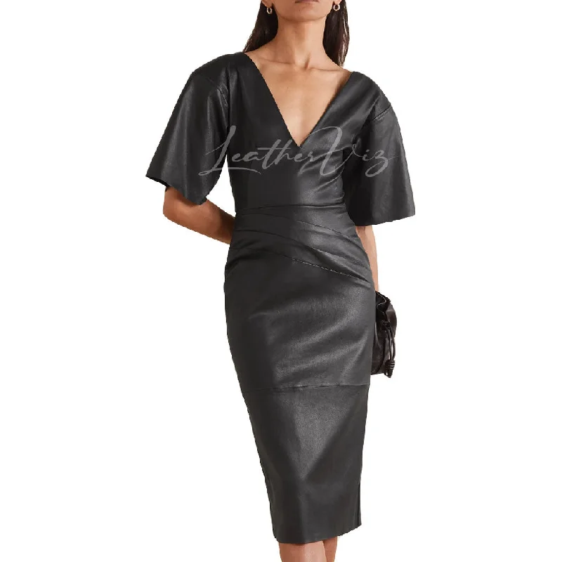 PLEATED STYLE PARTY LEATHER MIDI DRESS Fashionable Off-Shoulder Dress Midi