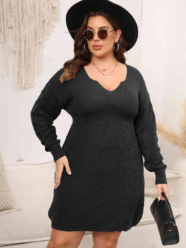 Plus Size Dropped Shoulder Long Sleeve Knit Mini Dress Cozy A-Line Mini Dress