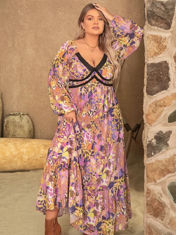 Plus Size Lace Detail Printed V-Neck Long Sleeve Midi Dress Fashionable Off-Shoulder Dress Midi