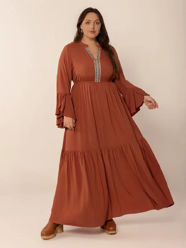 Plus Size Ruffled Notched Long Sleeve Midi Dress Stylish Midi Dress with Cuffs