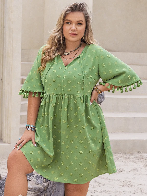 Blue Zone Planet |  Plus Size Tied Tassel Half Sleeve Mini Dress Stylish Sweetheart Neck Mini Dress