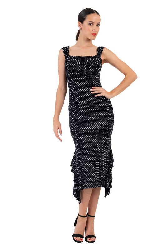 Polka Dot Ruffled Midi Dress With Thick Straps Comfortable Ribbed Midi Dress