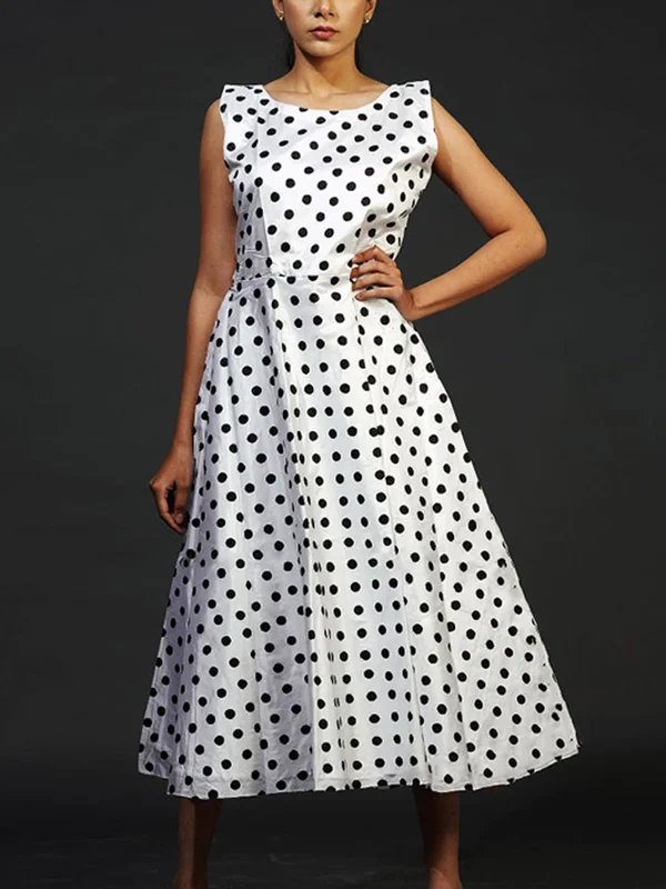 Polka Dot Print Midi Dress White Fashionable Plaid Midi Dress