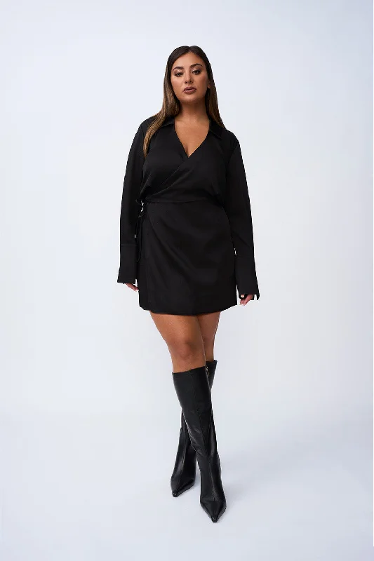 Portia Wrap Mini Dress | Final Sale - Black Cozy Cotton Mini Dress