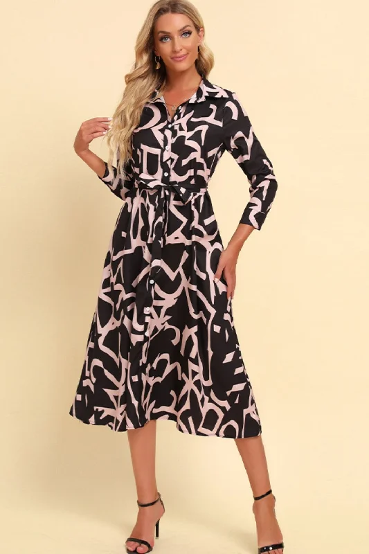 Printed Button Front Belted Midi Dress Elegant Satin Midi Dress