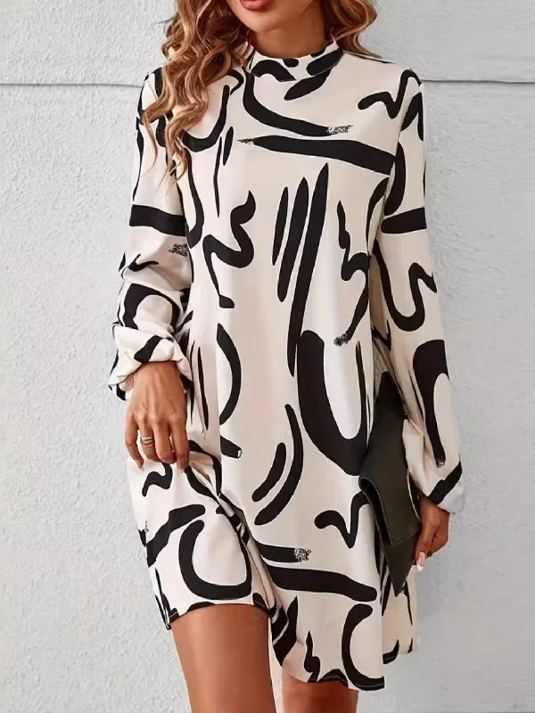 Printed Mock Neck Long Sleeve Mini Dress Cozy Cowl Neck Mini Dress