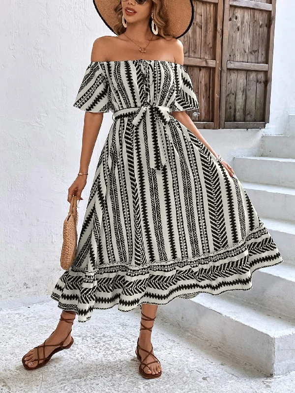 Printed Off-Shoulder Tie Belt Midi Dress Stylish Long Sleeve Floral Midi Dress