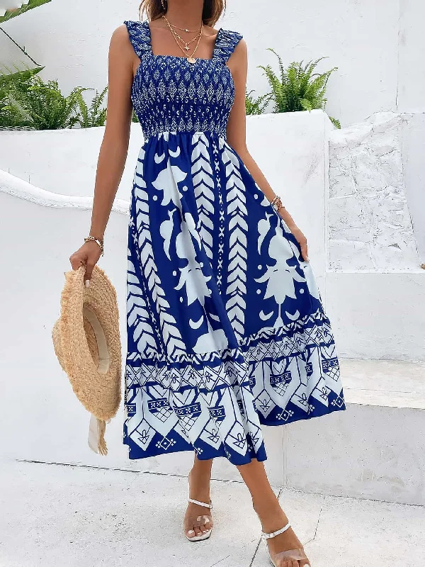 Printed Square Neck Sleeveless Midi Dress Fashionable Shift Midi Dress