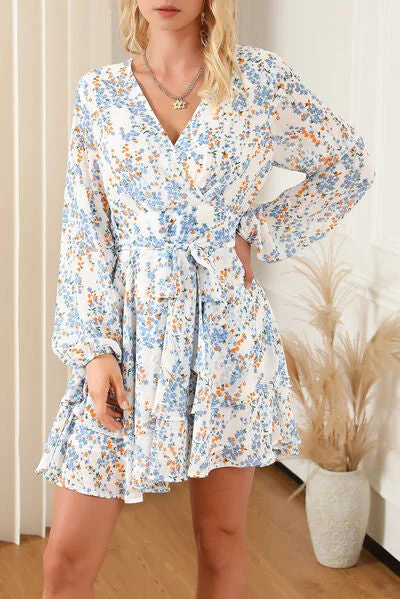 Printed Surplice Balloon Sleeve Mini Dress Trendy Button-Detail Mini Dress