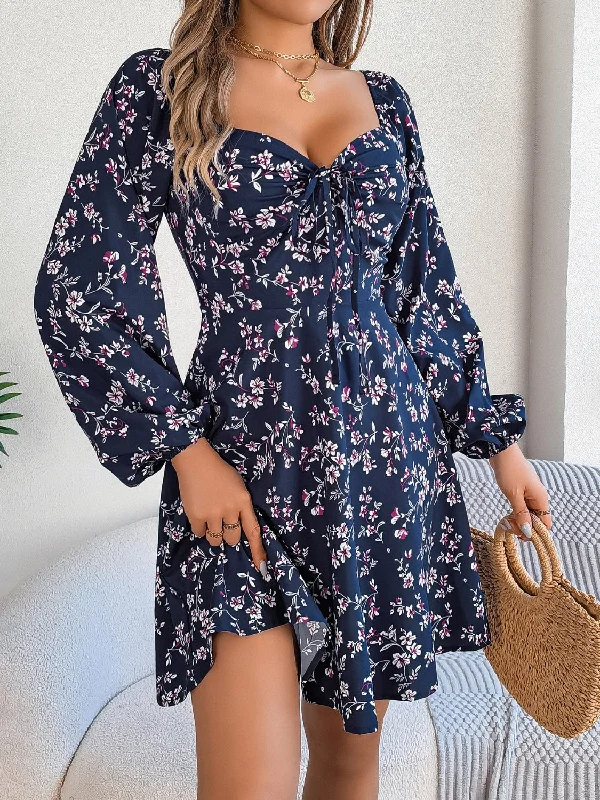 Printed Sweetheart Neck Balloon Sleeve Mini Dress Chic Puff Sleeve Mini Dress