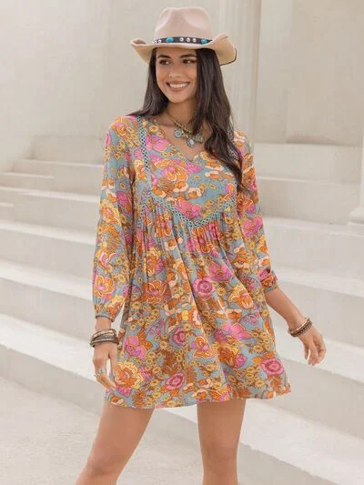 Printed V-Neck Balloon Sleeve Mini Dress Stylish Plaid Mini Dress