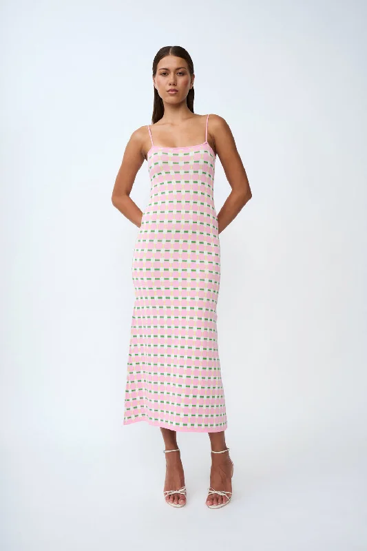 Remy Checker Knit Midi Dress | Final Sale - Pink Green Yellow Elegant Lace Trim Midi Dress