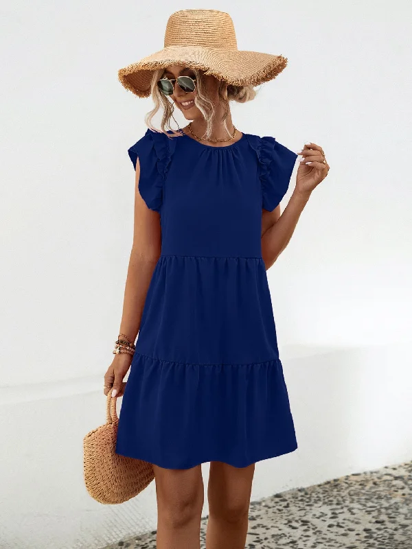 Ruffled Round Neck Cap Sleeve Mini Dress Casual V-Neck Mini Dress