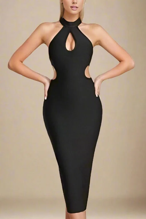 Saint Bodycon Midi Dress - Classic Black Cozy Midi Dress with Pockets