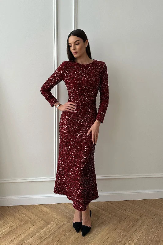 Sequin Decorated Velvet Long Sleeve Midi Dress Classic Black Midi Dress