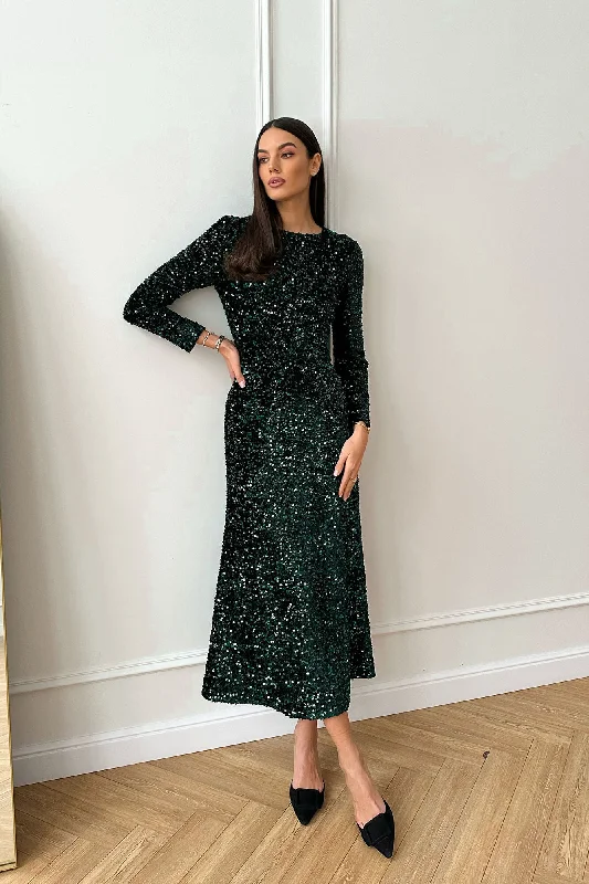 Sequin Decorated Velvet Long Sleeve Midi Dress Elegant Sleeveless Midi Dress