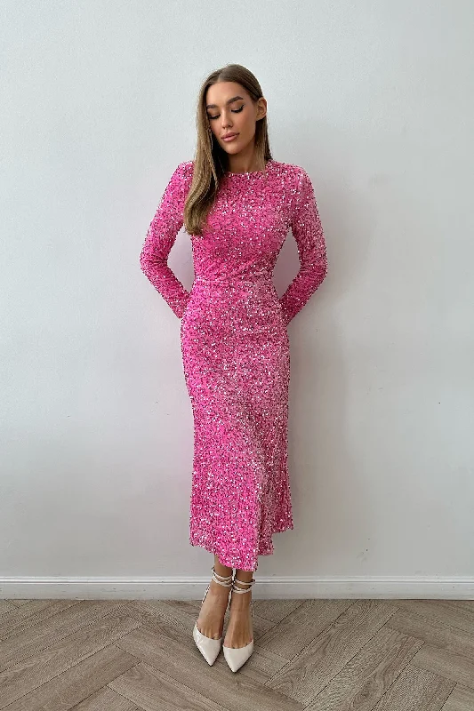 Sequin Decorated Velvet Long Sleeve Midi Dress Chic Floral Print Midi Dress