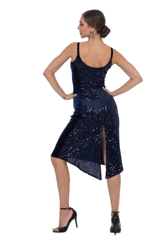 Sequin Midi Dress With Velvet Side Details & Slit Comfortable Short Sleeve Midi Dress