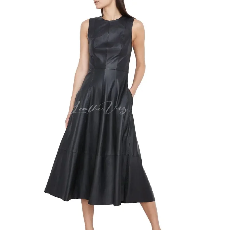 SLEEVELESS LEATHER A-LINE MIDI DRESS Elegant Lace Trim Midi Dress