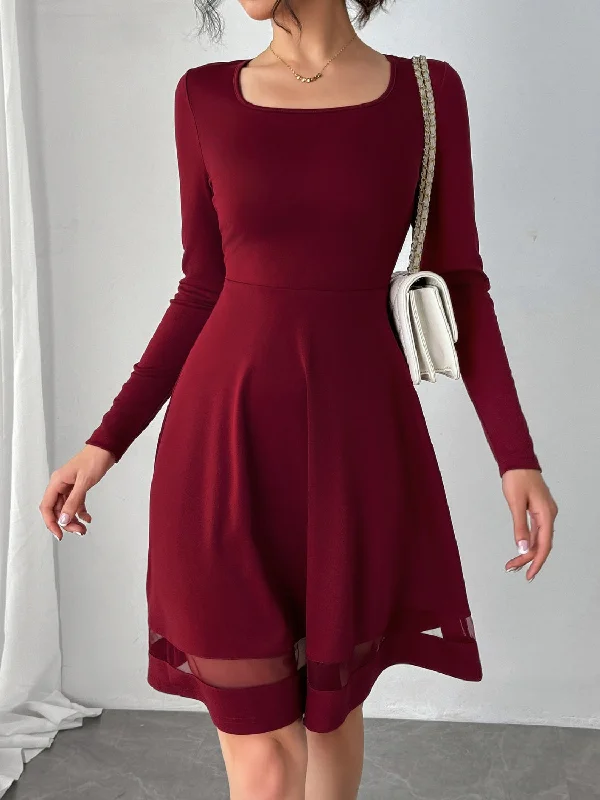 Square Neck Long Sleeve Mini Dress Comfortable Casual Mini Dress