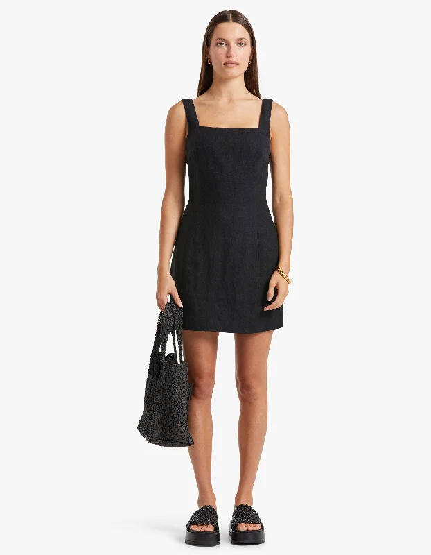 Linen Square Neck Mini Dress - Black Chic Tropical Mini Dress