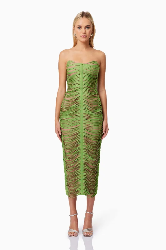 Stella Strapless Midi Dress In Green Stylish Vintage Midi Dress