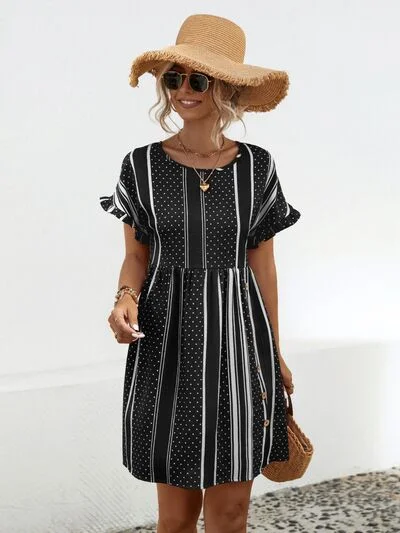 Striped Polka Dot Frill Short Sleeve Mini Dress Comfortable Shift Mini Dress