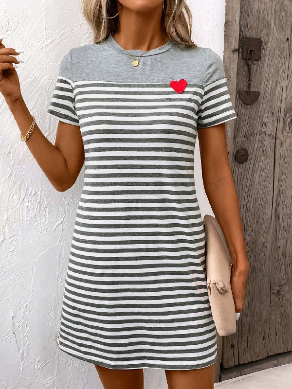 Striped Round Neck Short Sleeve Mini Dress Trendy Floral Mini Dress