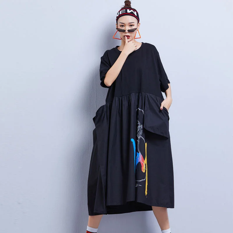 Summer Contrast Black Plus Sizes Midi Dresses Comfortable Adjustable Strap Midi Dress