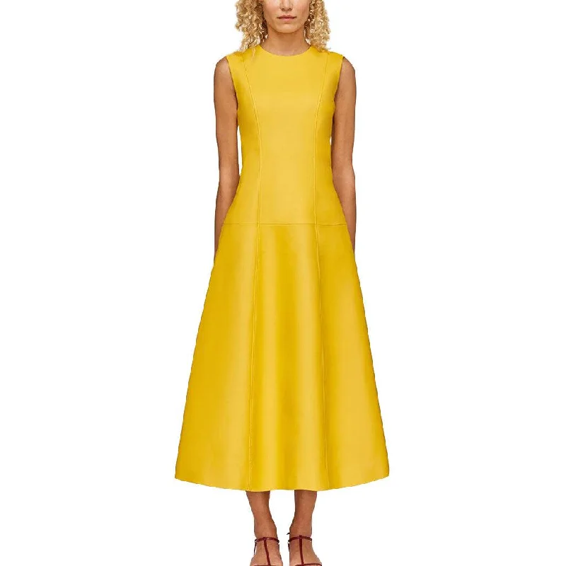 Sunshine Leather Flared Midi Dress For Women Fashionable Off-Shoulder Dress Midi